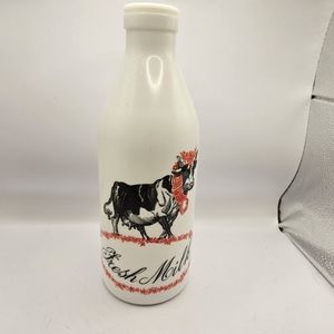Egizia Fresh Milk Bottle Whitw Milk Glass Cow With Bell 10" Tall No Cap Used. 